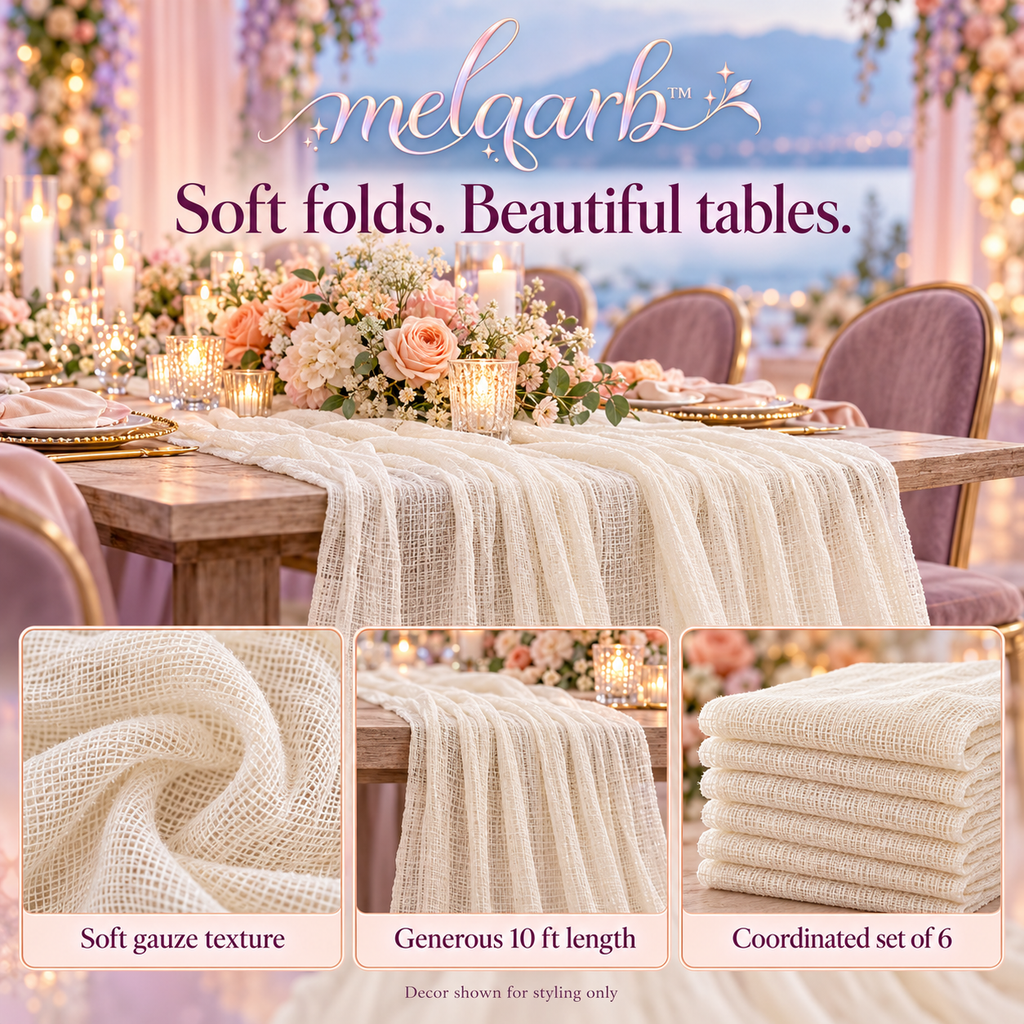 melqarb™ SoftFold Cheesecloth Table Runners, 6-Pack, 35 x 120 in., Gauze Wedding Table Decor for Receptions & Bridal Showers