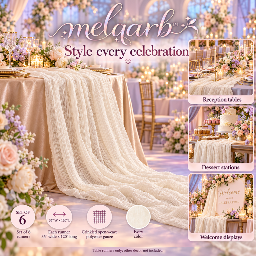 melqarb™ SoftFold Cheesecloth Table Runners, 6-Pack, 35 x 120 in., Gauze Wedding Table Decor for Receptions & Bridal Showers