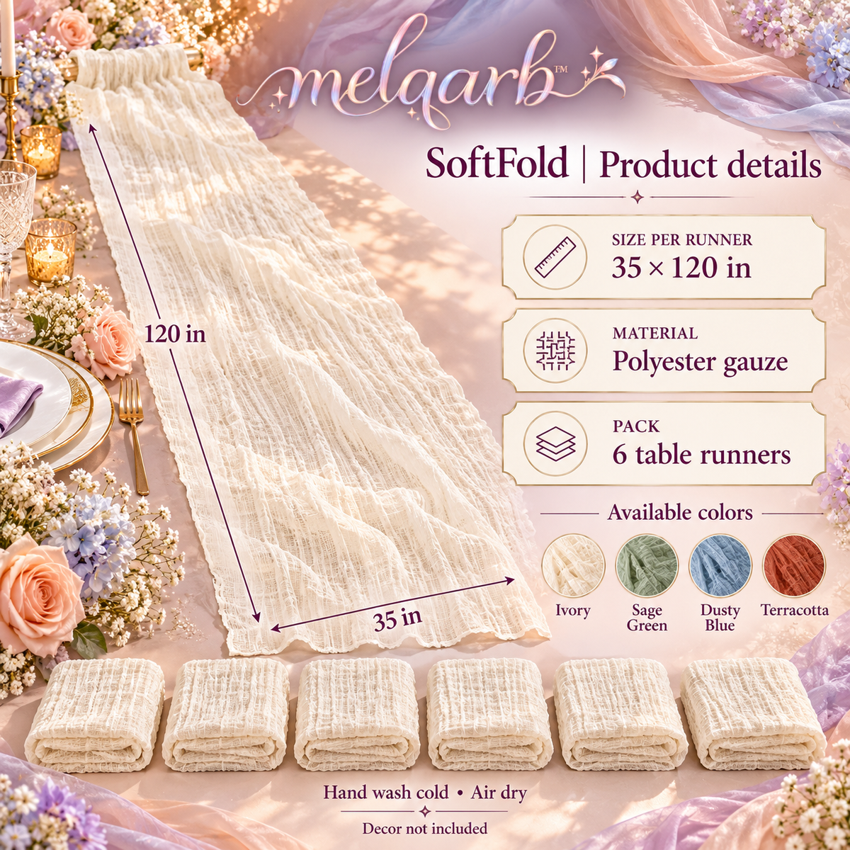 melqarb™ SoftFold Cheesecloth Table Runners, 6-Pack, 35 x 120 in., Gauze Wedding Table Decor for Receptions & Bridal Showers
