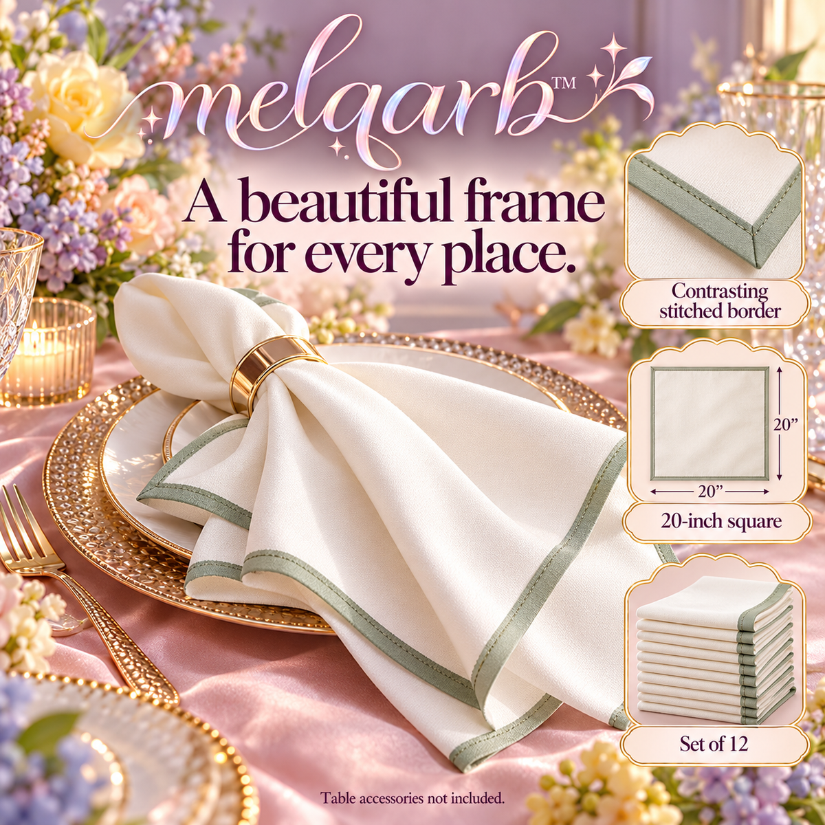 melqarb™ FrameEdge Cloth Dinner Napkins, 12-Pack, 20 x 20 in., Washable Polyester Wedding Napkins for Reception Table Settings