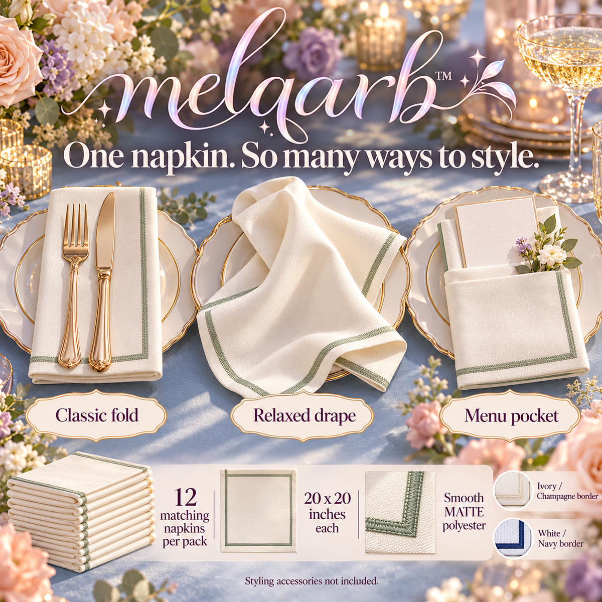 melqarb™ FrameEdge Cloth Dinner Napkins, 12-Pack, 20 x 20 in., Washable Polyester Wedding Napkins for Reception Table Settings