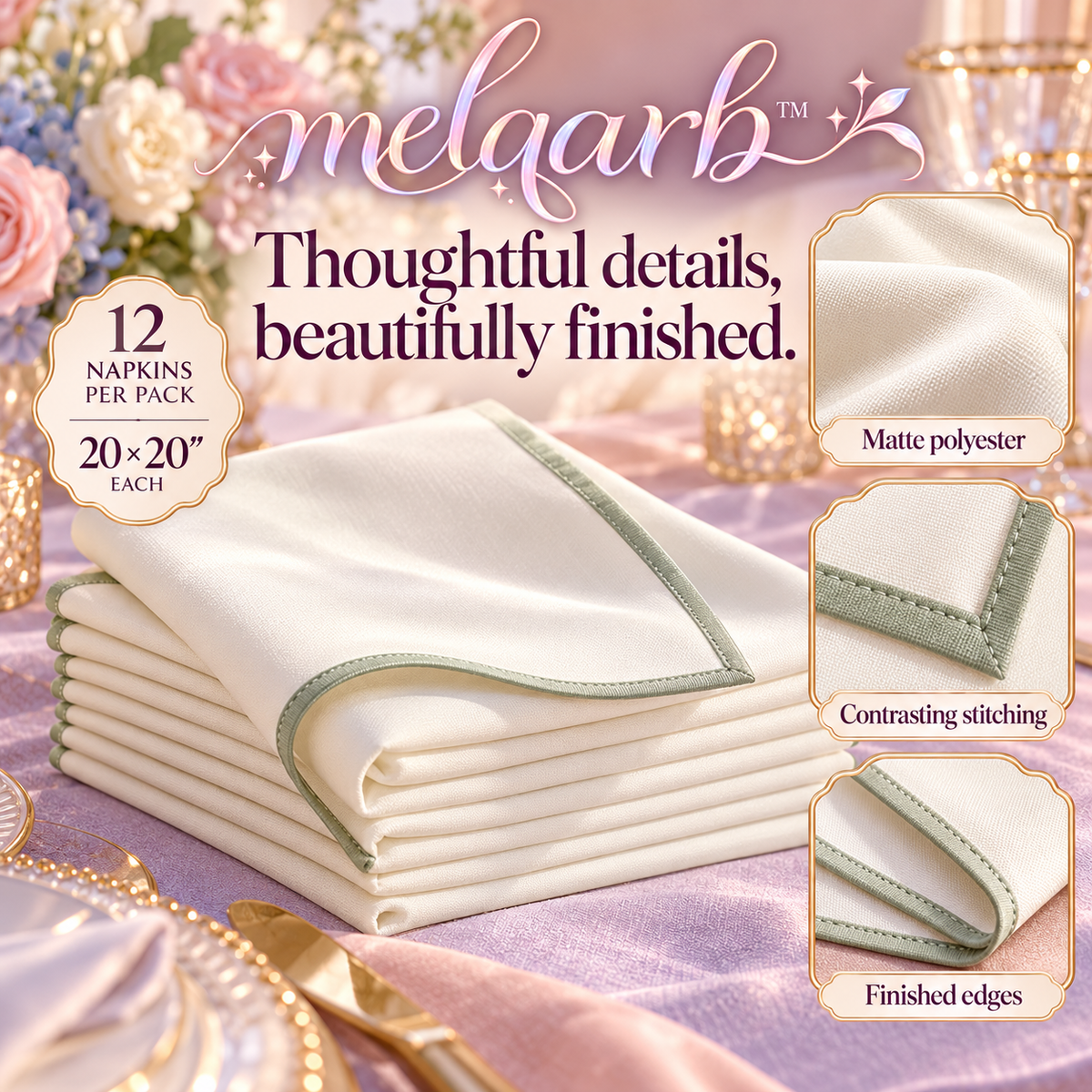melqarb™ FrameEdge Cloth Dinner Napkins, 12-Pack, 20 x 20 in., Washable Polyester Wedding Napkins for Reception Table Settings