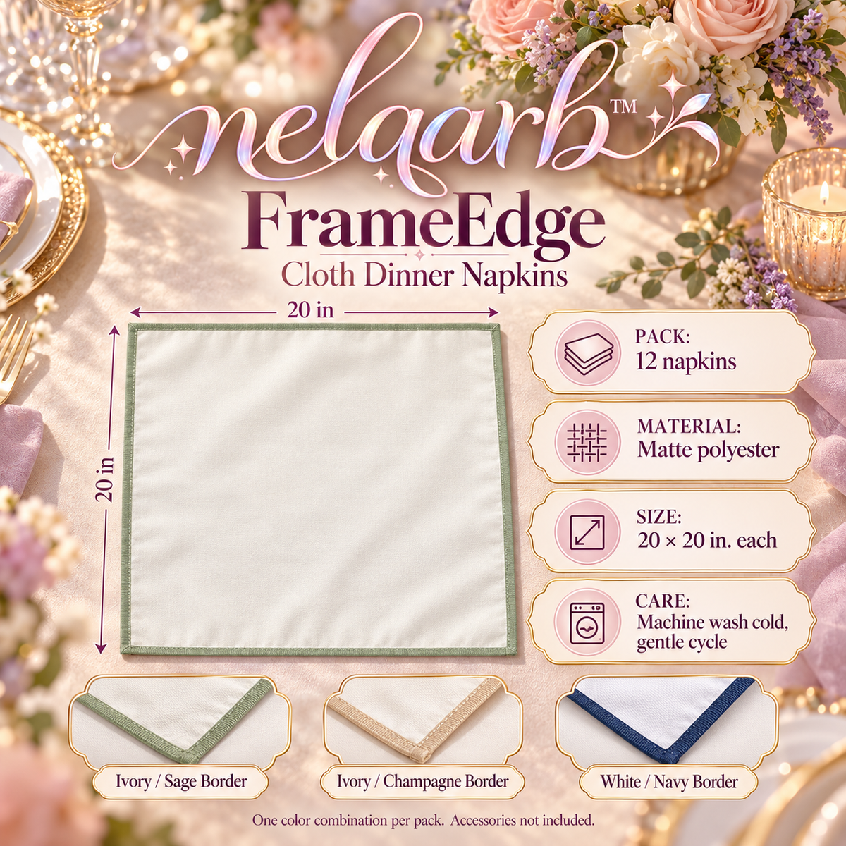 melqarb™ FrameEdge Cloth Dinner Napkins, 12-Pack, 20 x 20 in., Washable Polyester Wedding Napkins for Reception Table Settings
