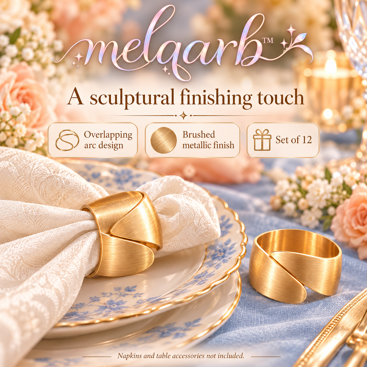 melqarb™ OpenArc Metal Napkin Rings, Set of 12, 1.6 in. Opening, Gold-Tone or Silver-Tone Wedding Table Accessories