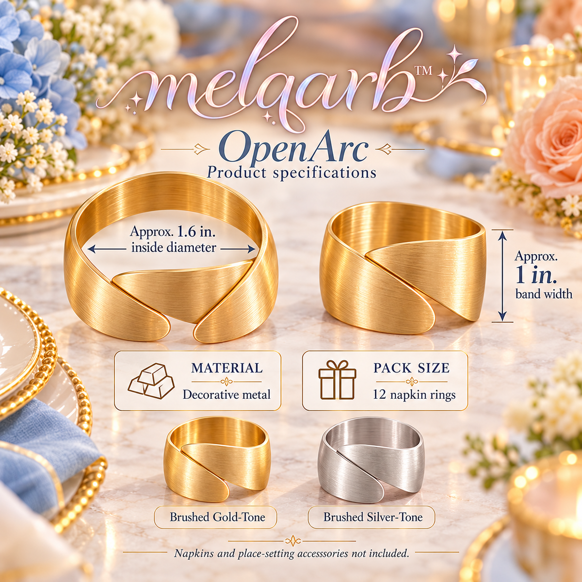melqarb™ OpenArc Metal Napkin Rings, Set of 12, 1.6 in. Opening, Gold-Tone or Silver-Tone Wedding Table Accessories