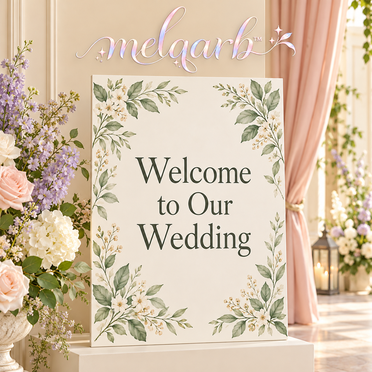 melqarb™ GardenFrame Wedding Welcome Sign, 18 x 24 in., Botanical Foam Board Entrance Decor, Printed Physical Sign