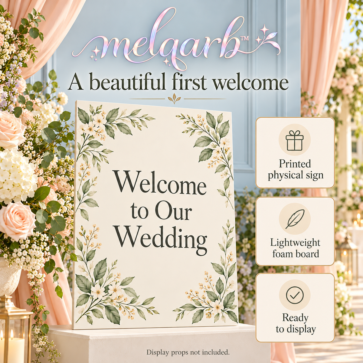 melqarb™ GardenFrame Wedding Welcome Sign, 18 x 24 in., Botanical Foam Board Entrance Decor, Printed Physical Sign