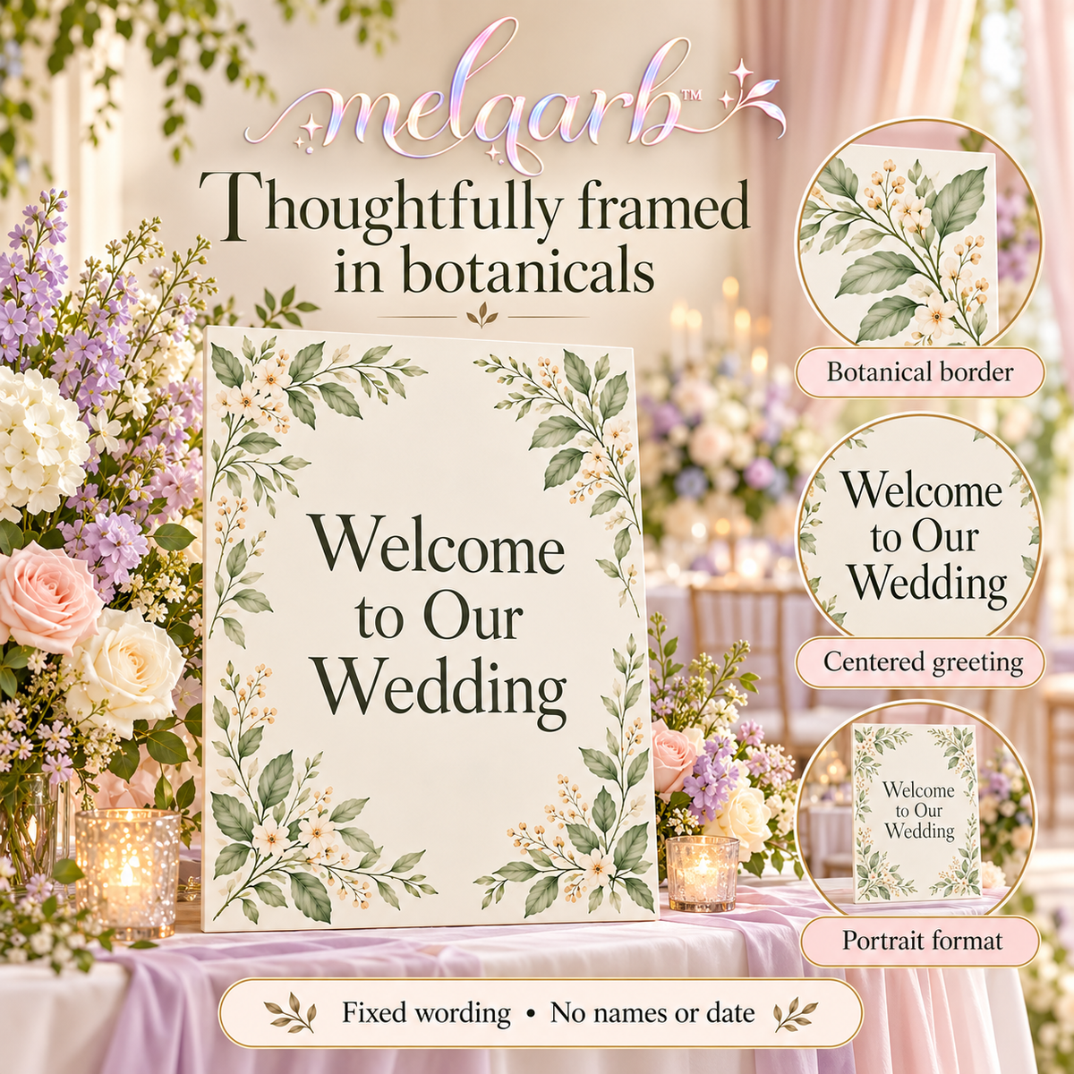 melqarb™ GardenFrame Wedding Welcome Sign, 18 x 24 in., Botanical Foam Board Entrance Decor, Printed Physical Sign