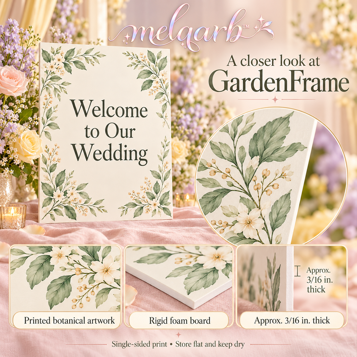 melqarb™ GardenFrame Wedding Welcome Sign, 18 x 24 in., Botanical Foam Board Entrance Decor, Printed Physical Sign