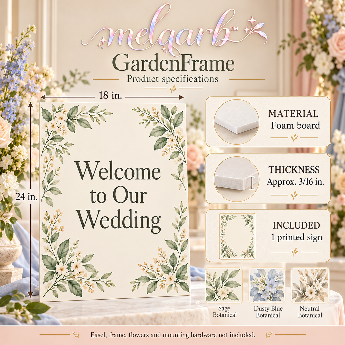 melqarb™ GardenFrame Wedding Welcome Sign, 18 x 24 in., Botanical Foam Board Entrance Decor, Printed Physical Sign