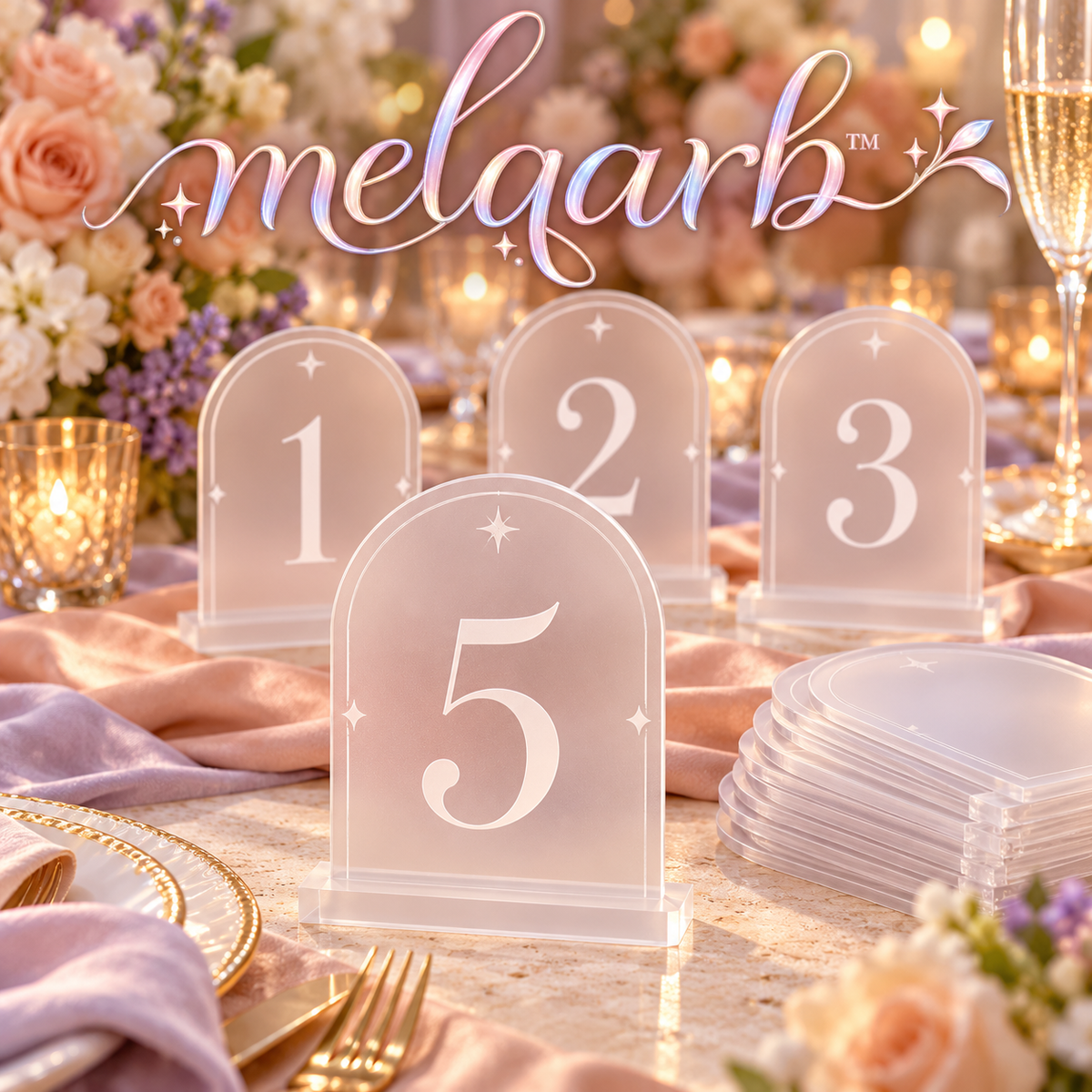 melqarb™ ArchLine Acrylic Wedding Table Numbers 1–20 with Bases, 4 x 6 in., Frosted Reception Table Signs