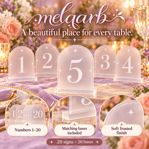 melqarb™ ArchLine Acrylic Wedding Table Numbers 1–20 with Bases, 4 x 6 in., Frosted Reception Table Signs