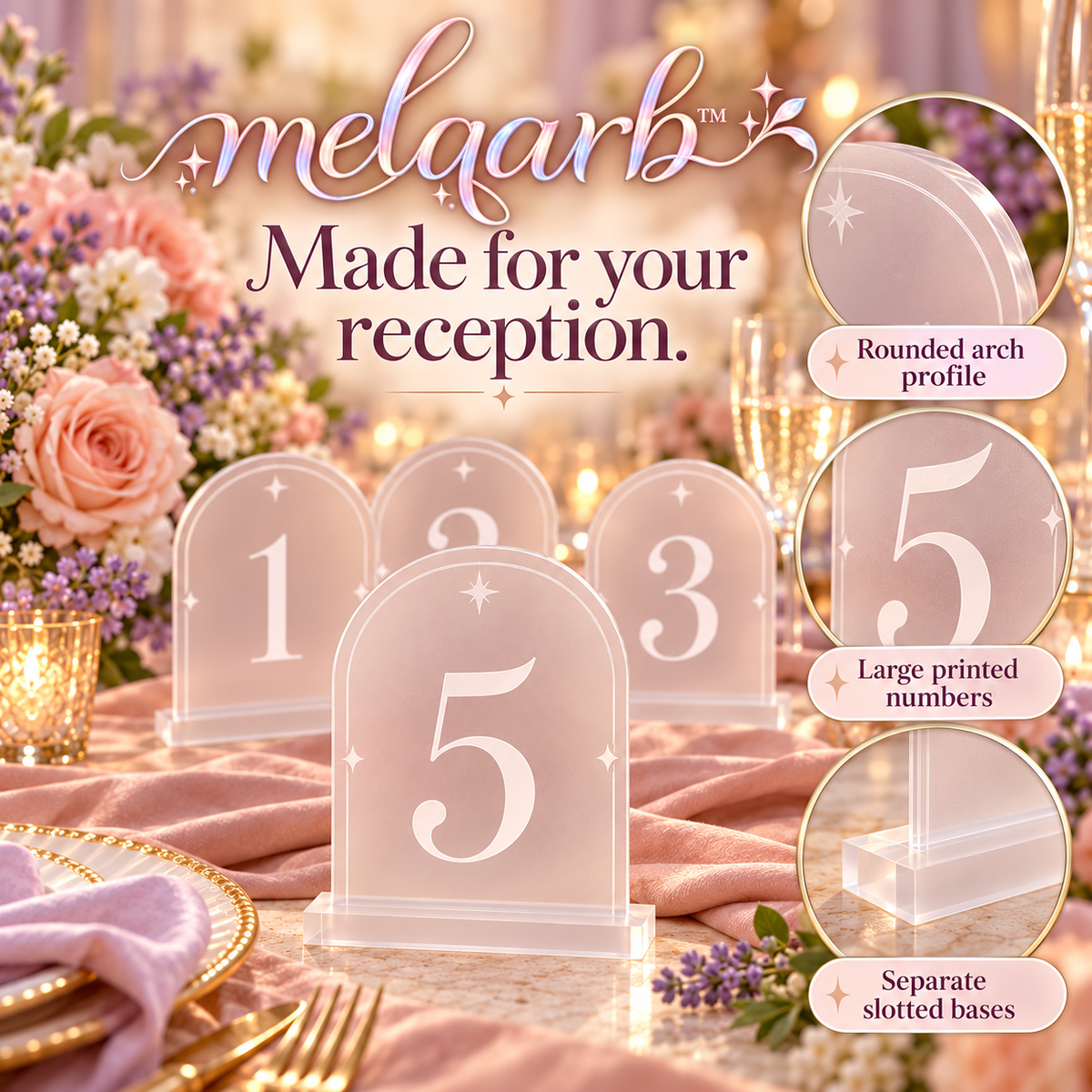 melqarb™ ArchLine Acrylic Wedding Table Numbers 1–20 with Bases, 4 x 6 in., Frosted Reception Table Signs