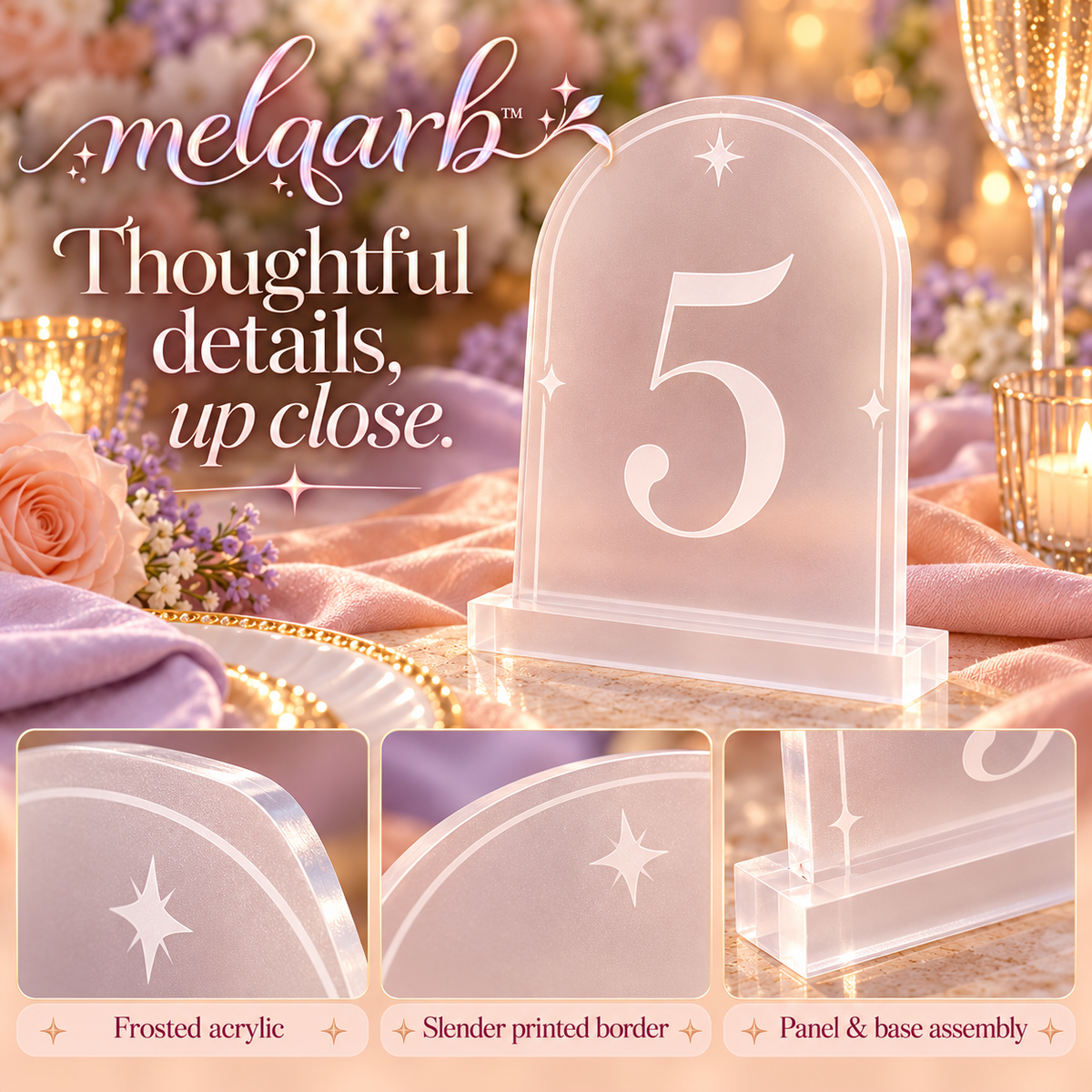 melqarb™ ArchLine Acrylic Wedding Table Numbers 1–20 with Bases, 4 x 6 in., Frosted Reception Table Signs