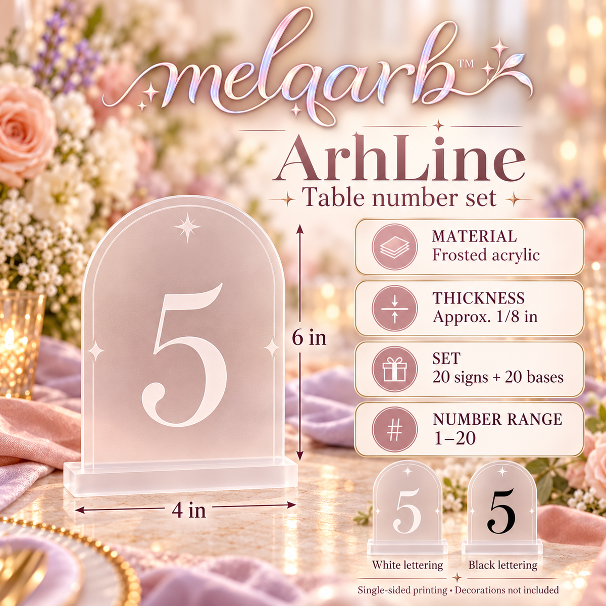 melqarb™ ArchLine Acrylic Wedding Table Numbers 1–20 with Bases, 4 x 6 in., Frosted Reception Table Signs