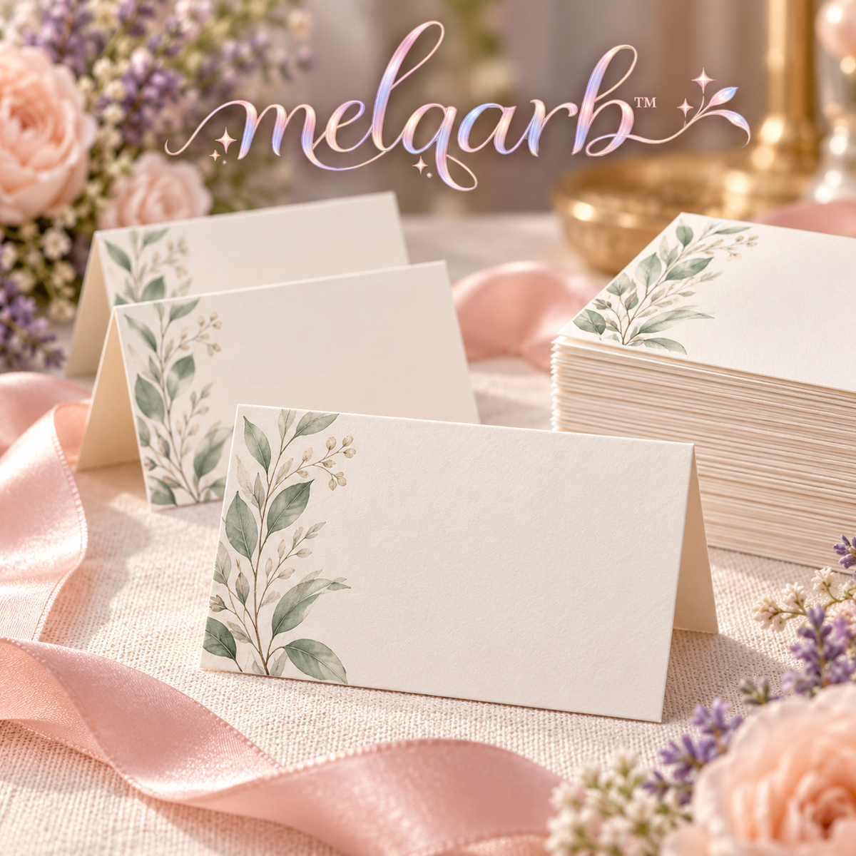 melqarb™ LeafMargin Wedding Place Cards, 100-Pack, 3.5 x 2 in. Folded, Botanical Blank Name Cards for Reception Seating