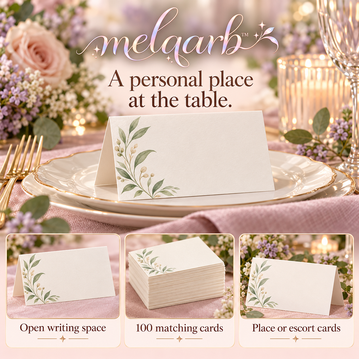 melqarb™ LeafMargin Wedding Place Cards, 100-Pack, 3.5 x 2 in. Folded, Botanical Blank Name Cards for Reception Seating