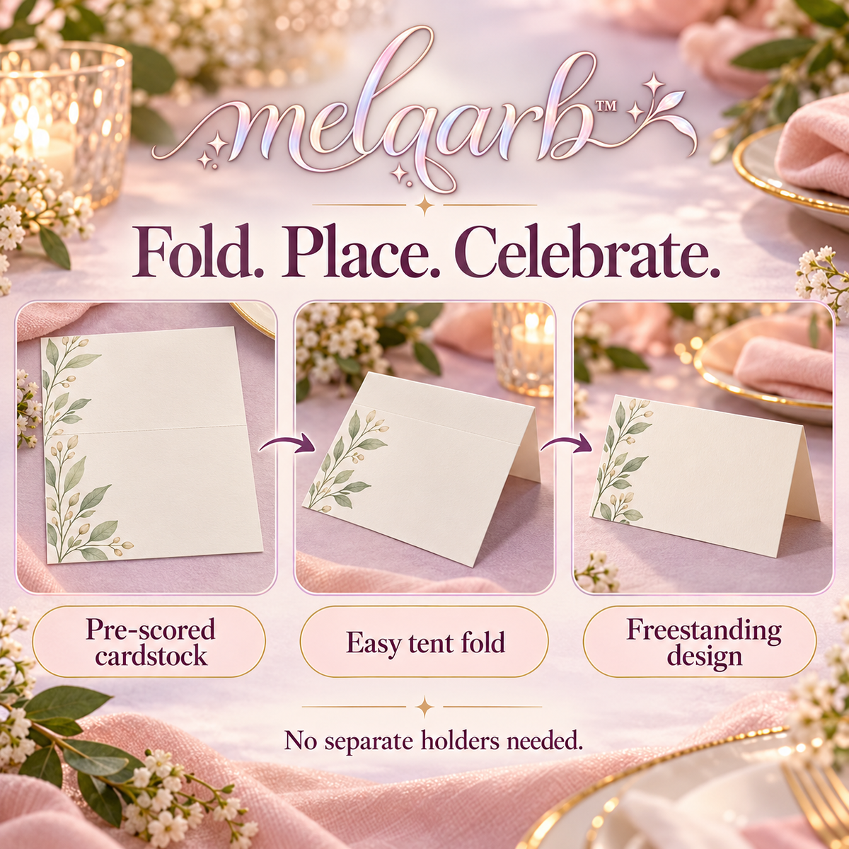 melqarb™ LeafMargin Wedding Place Cards, 100-Pack, 3.5 x 2 in. Folded, Botanical Blank Name Cards for Reception Seating