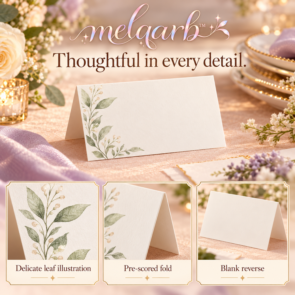 melqarb™ LeafMargin Wedding Place Cards, 100-Pack, 3.5 x 2 in. Folded, Botanical Blank Name Cards for Reception Seating