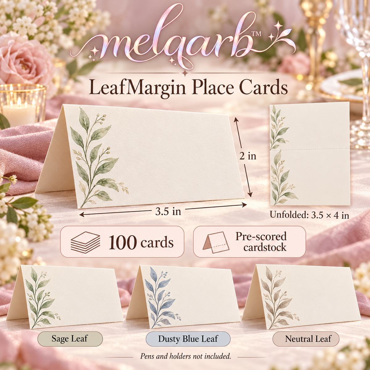 melqarb™ LeafMargin Wedding Place Cards, 100-Pack, 3.5 x 2 in. Folded, Botanical Blank Name Cards for Reception Seating