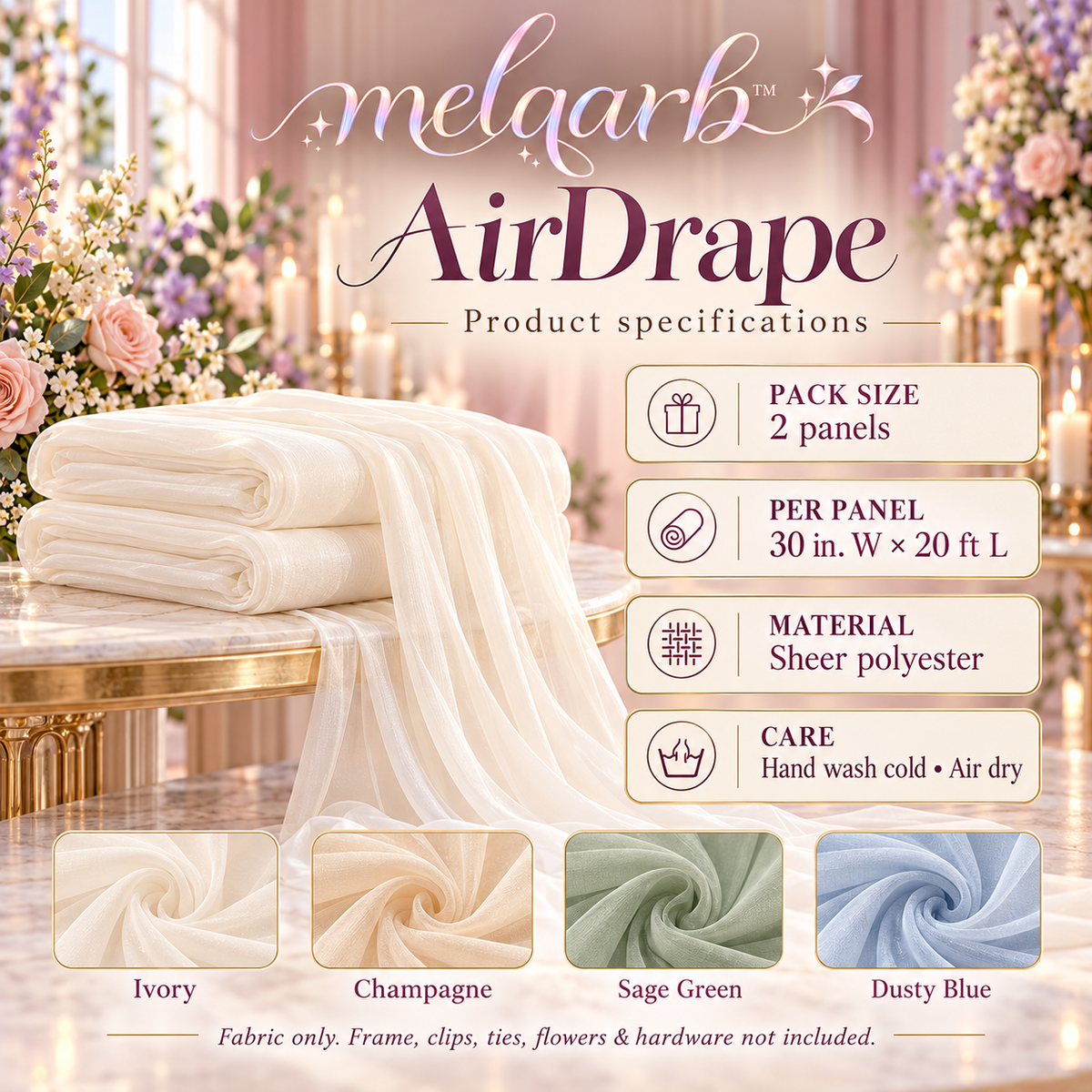 melqarb™ AirDrape Wedding Arch Draping Fabric, 2 Panels, 30 in. x 20 ft Each, Sheer Ceremony Backdrop Drapes