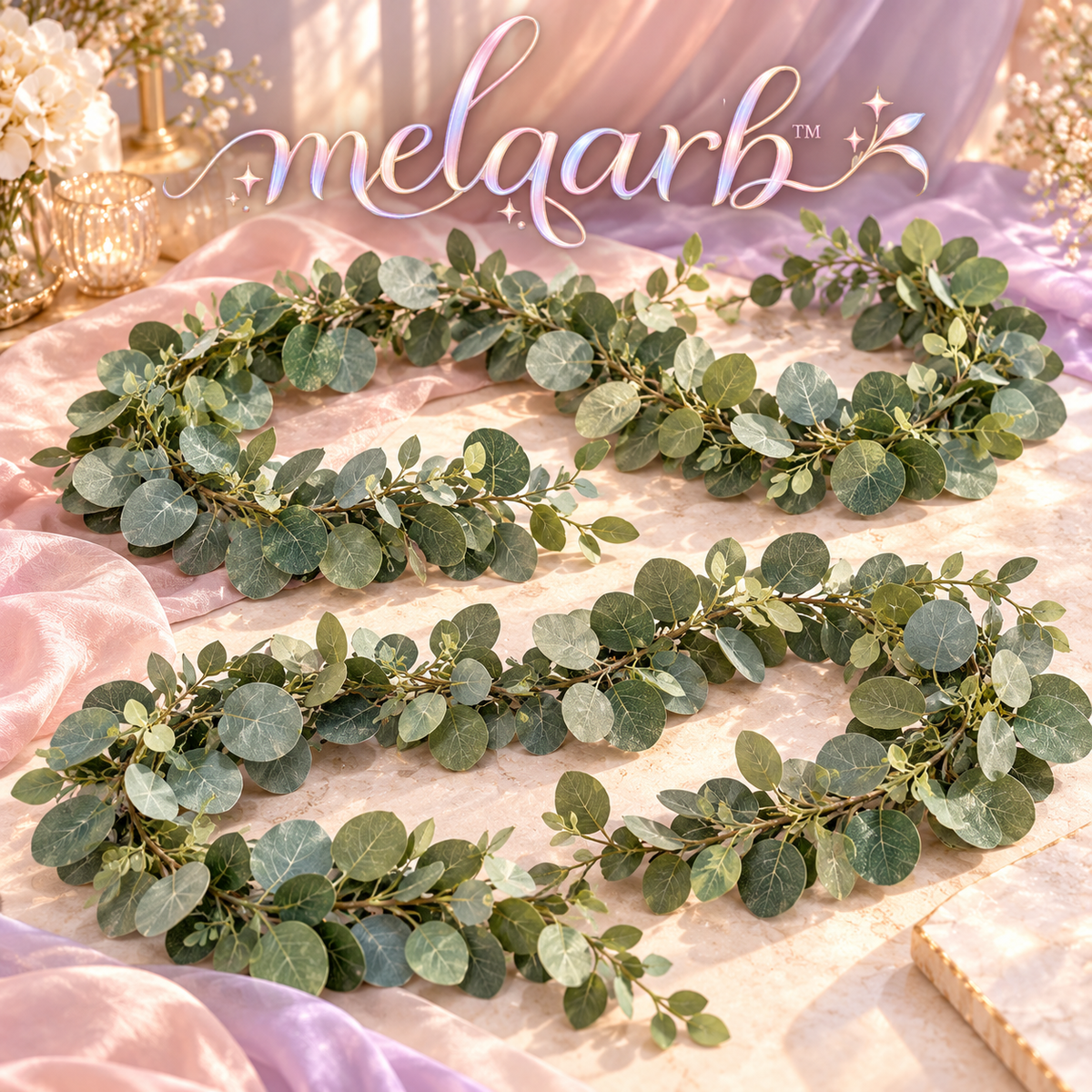 melqarb™ MeadowLoop Artificial Eucalyptus Garlands, 2-Pack, 6 ft Each, Faux Greenery for Wedding Arches & Reception Tables