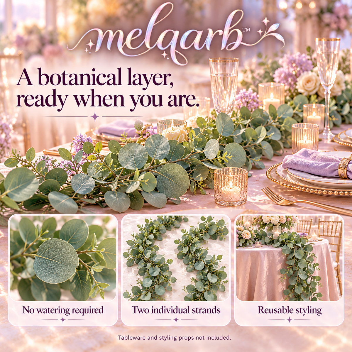 melqarb™ MeadowLoop Artificial Eucalyptus Garlands, 2-Pack, 6 ft Each, Faux Greenery for Wedding Arches & Reception Tables