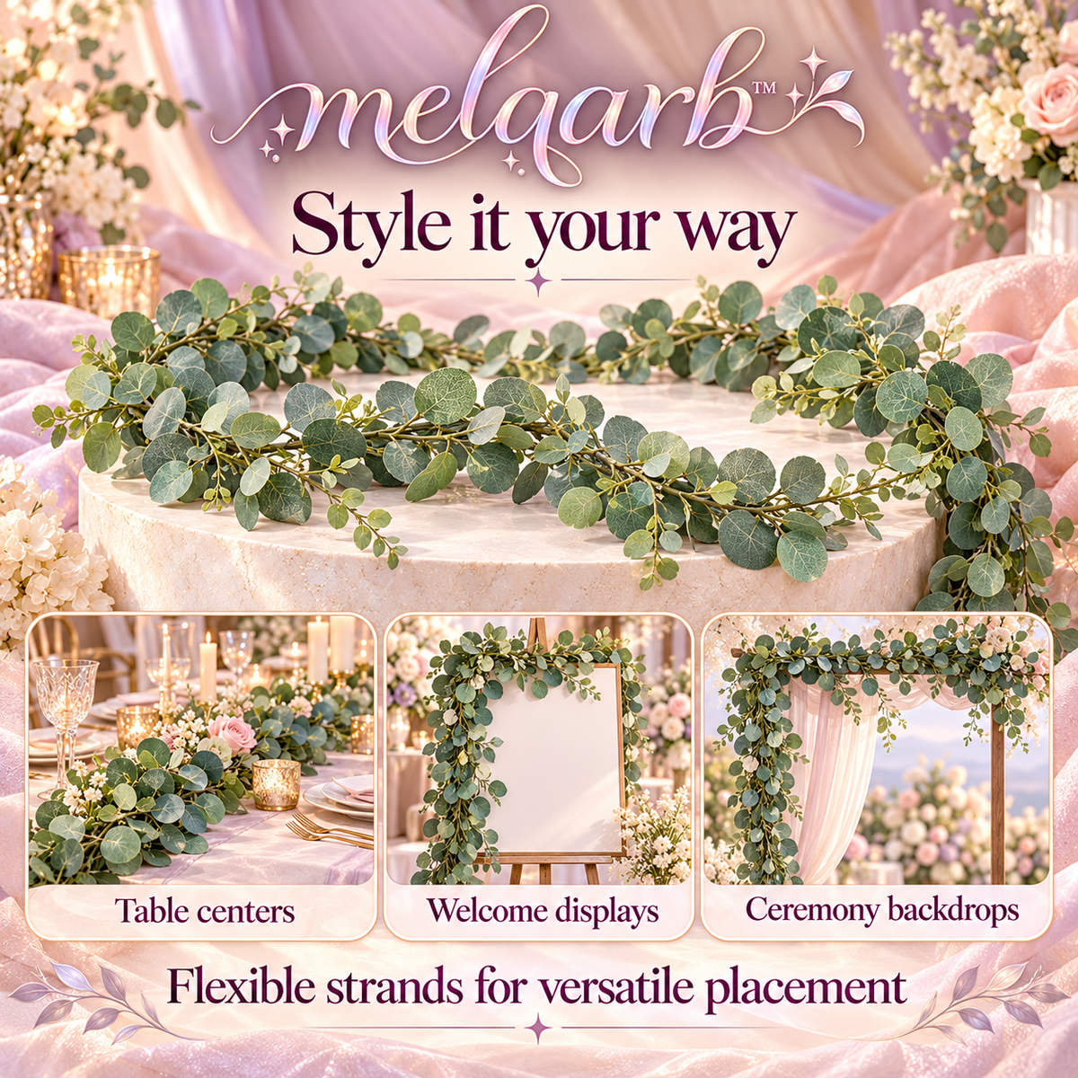 melqarb™ MeadowLoop Artificial Eucalyptus Garlands, 2-Pack, 6 ft Each, Faux Greenery for Wedding Arches & Reception Tables