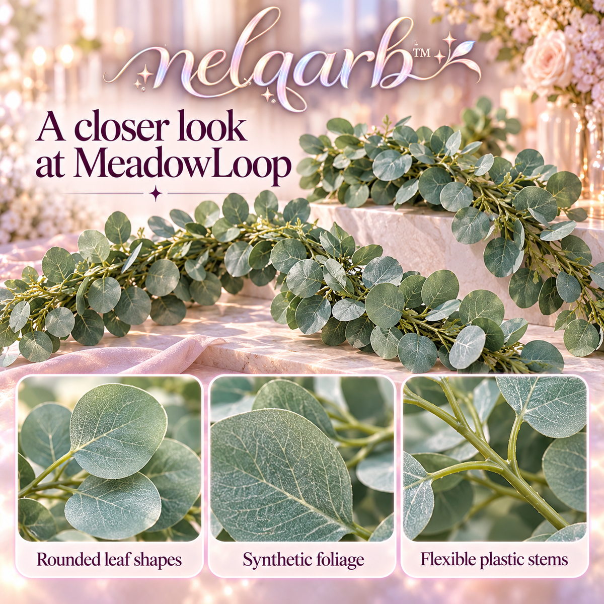 melqarb™ MeadowLoop Artificial Eucalyptus Garlands, 2-Pack, 6 ft Each, Faux Greenery for Wedding Arches & Reception Tables