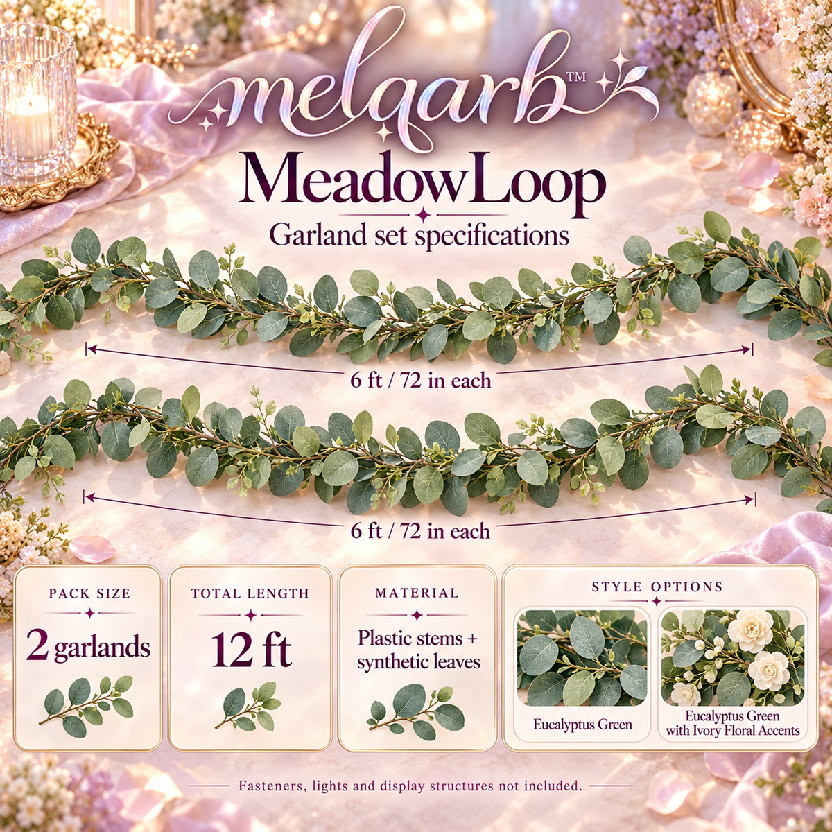 melqarb™ MeadowLoop Artificial Eucalyptus Garlands, 2-Pack, 6 ft Each, Faux Greenery for Wedding Arches & Reception Tables