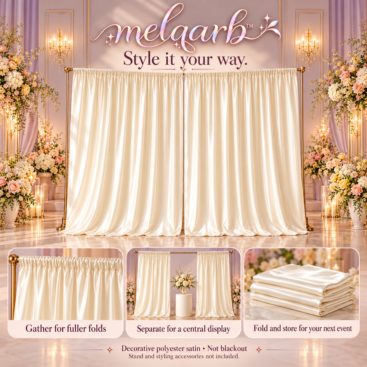 melqarb™ SatinSweep Wedding Backdrop Curtains, 2 Panels, 5 x 7 ft Each, Rod Pocket Photo Booth & Reception Drapes