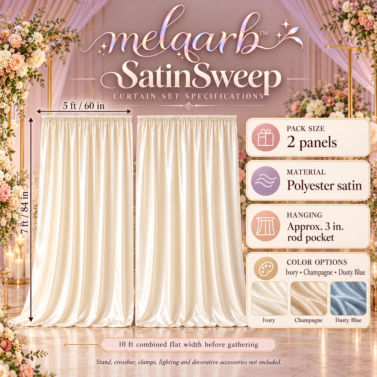 melqarb™ SatinSweep Wedding Backdrop Curtains, 2 Panels, 5 x 7 ft Each, Rod Pocket Photo Booth & Reception Drapes