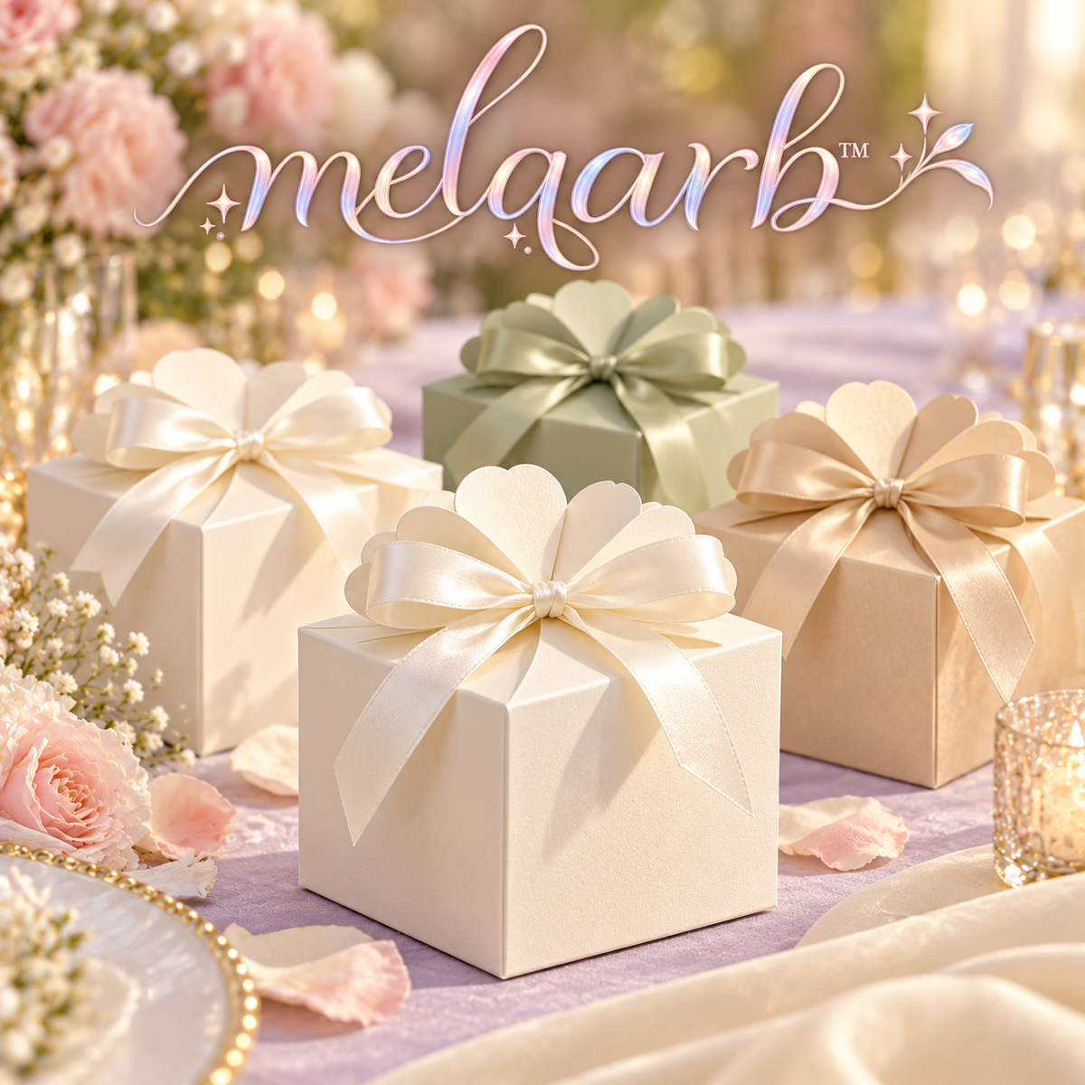 melqarb™ PetalFold Wedding Favor Boxes, 50-Pack, 2.5 in. Cube, Scalloped Paper Gift Boxes with Satin Ribbons