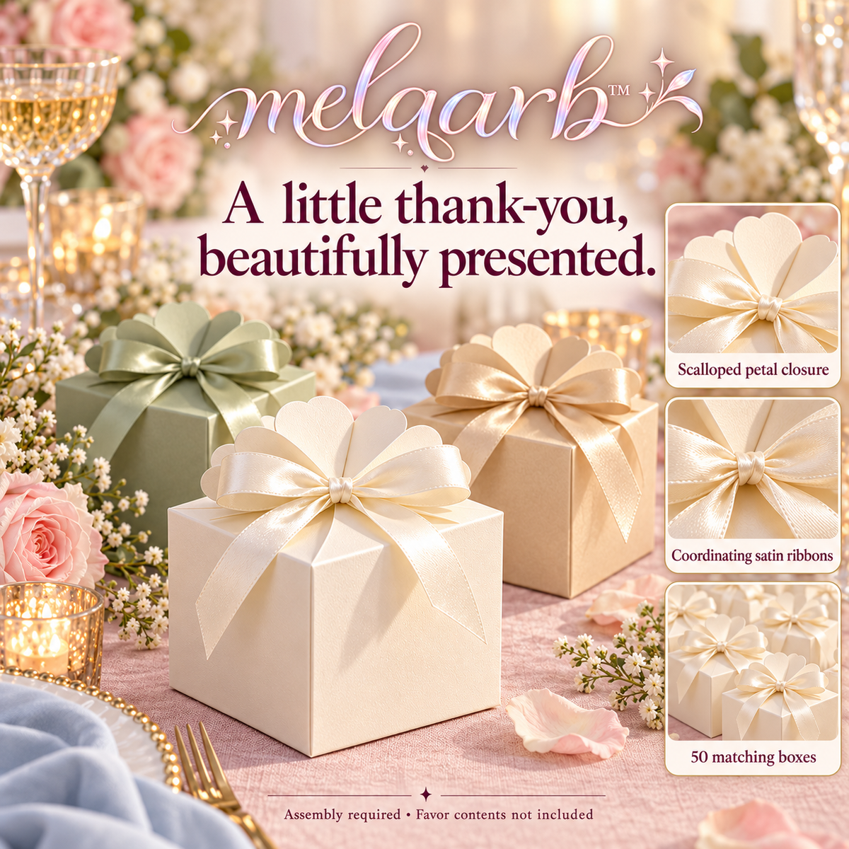 melqarb™ PetalFold Wedding Favor Boxes, 50-Pack, 2.5 in. Cube, Scalloped Paper Gift Boxes with Satin Ribbons