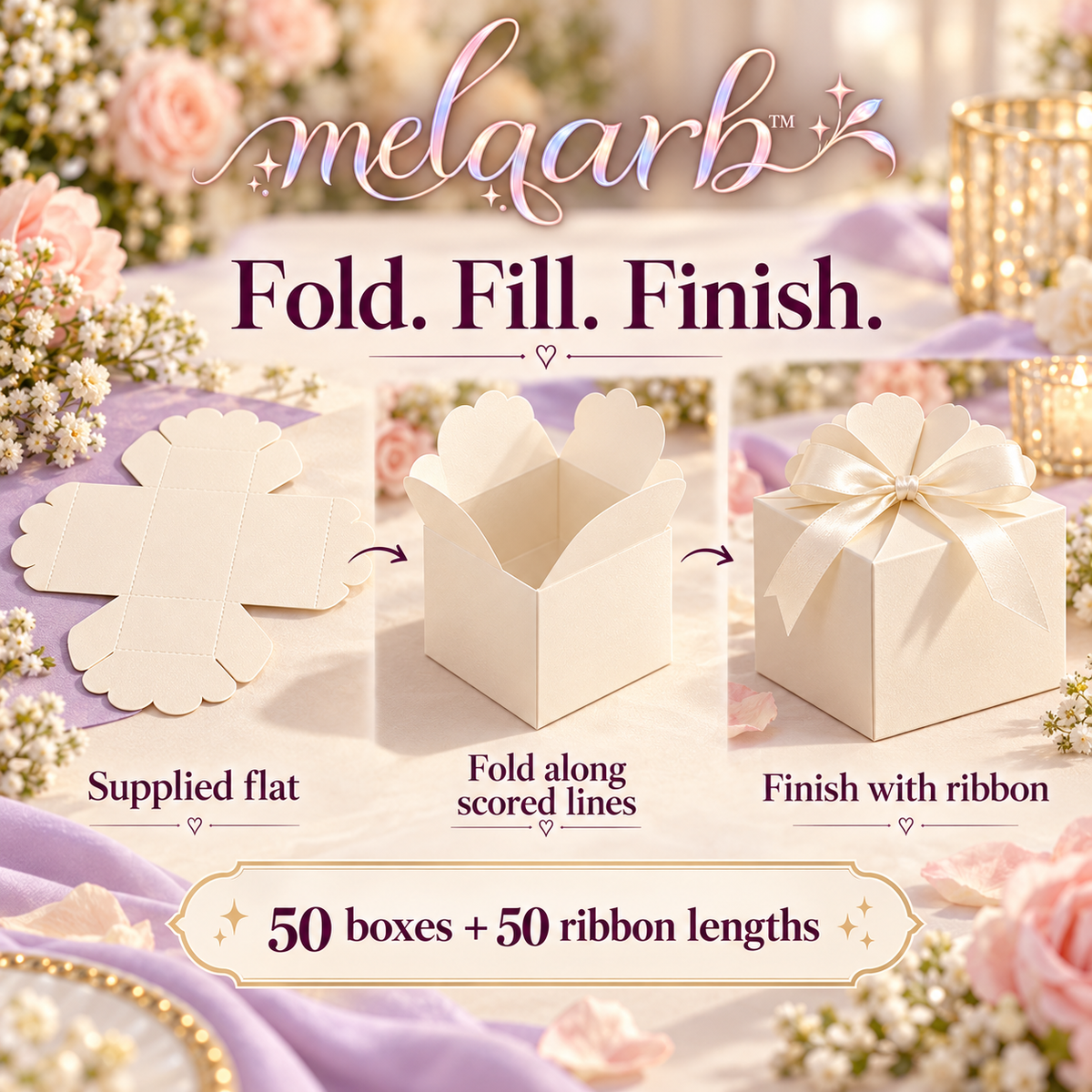 melqarb™ PetalFold Wedding Favor Boxes, 50-Pack, 2.5 in. Cube, Scalloped Paper Gift Boxes with Satin Ribbons