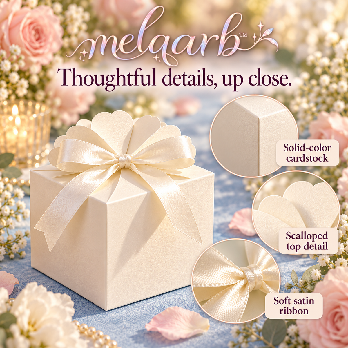 melqarb™ PetalFold Wedding Favor Boxes, 50-Pack, 2.5 in. Cube, Scalloped Paper Gift Boxes with Satin Ribbons