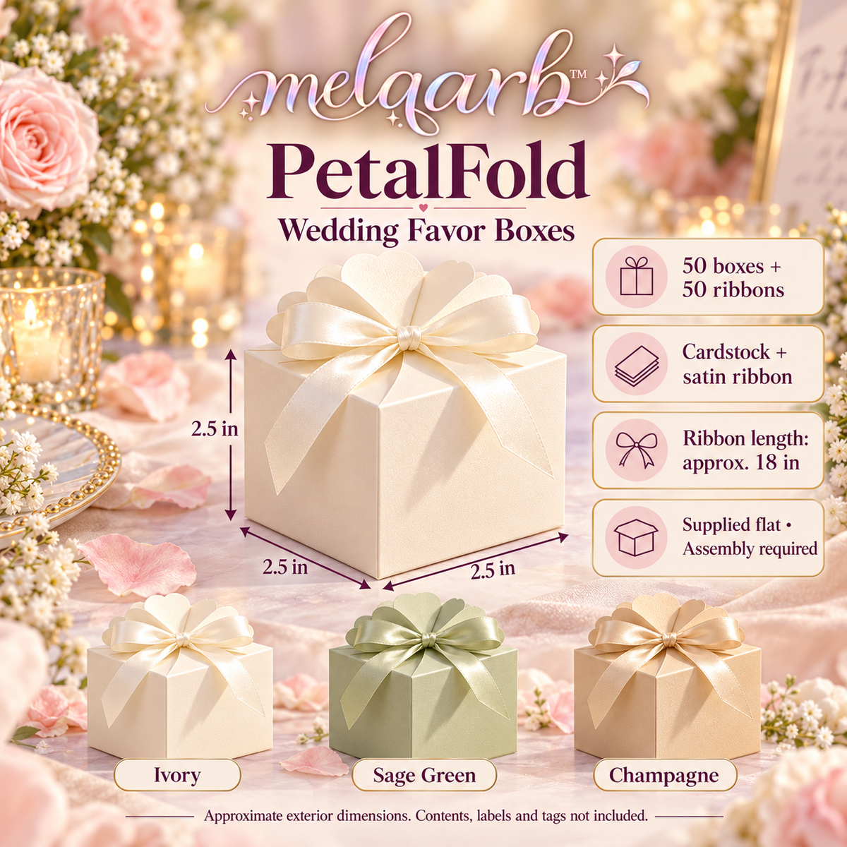melqarb™ PetalFold Wedding Favor Boxes, 50-Pack, 2.5 in. Cube, Scalloped Paper Gift Boxes with Satin Ribbons