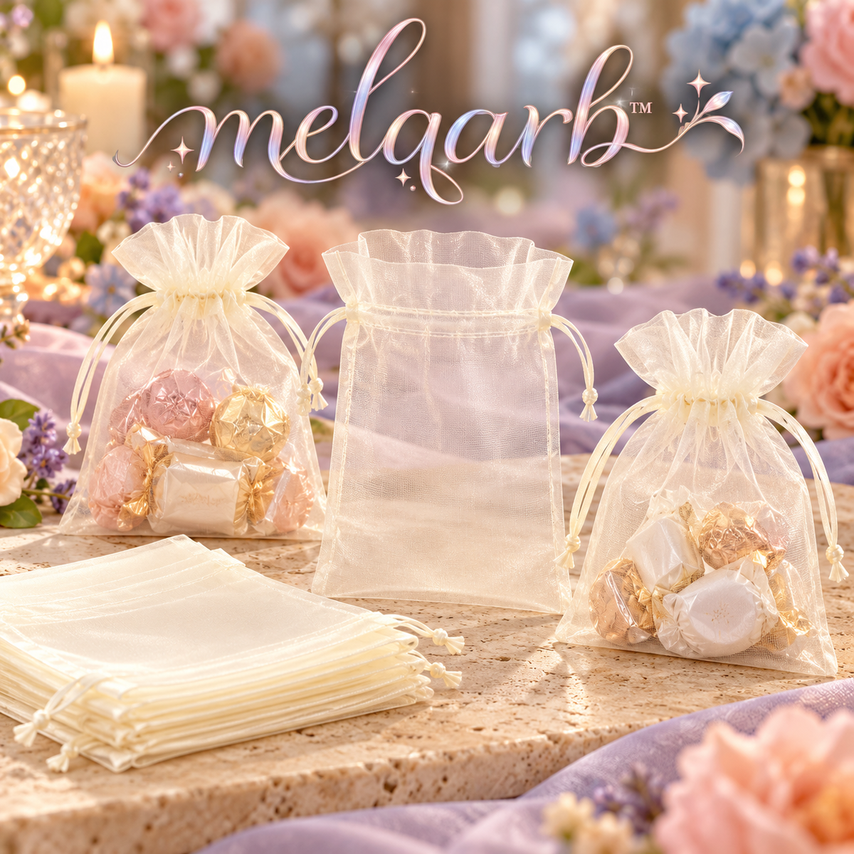 melqarb™ SheerTie Organza Wedding Favor Bags, 100-Pack, 4 x 6 in., Drawstring Gift Pouches for Receptions & Bridal Showers