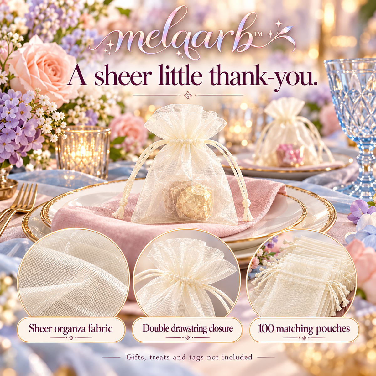 melqarb™ SheerTie Organza Wedding Favor Bags, 100-Pack, 4 x 6 in., Drawstring Gift Pouches for Receptions & Bridal Showers