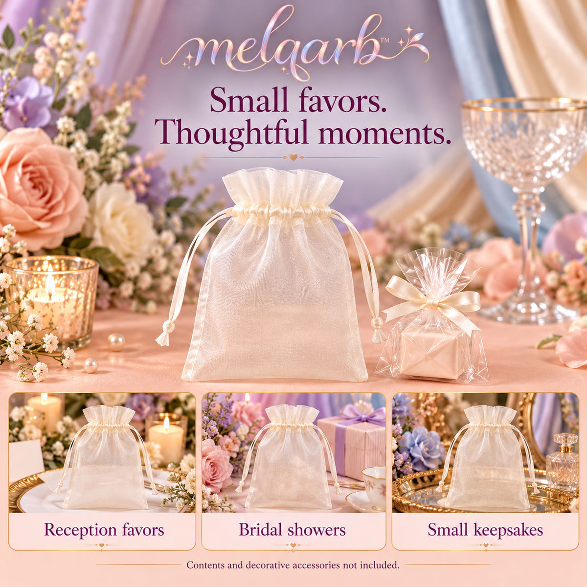 melqarb™ SheerTie Organza Wedding Favor Bags, 100-Pack, 4 x 6 in., Drawstring Gift Pouches for Receptions & Bridal Showers