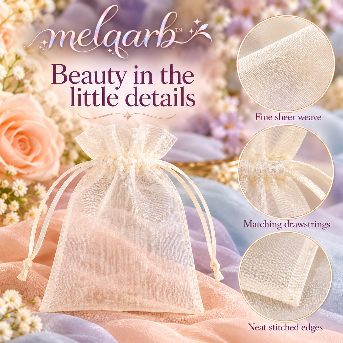melqarb™ SheerTie Organza Wedding Favor Bags, 100-Pack, 4 x 6 in., Drawstring Gift Pouches for Receptions & Bridal Showers