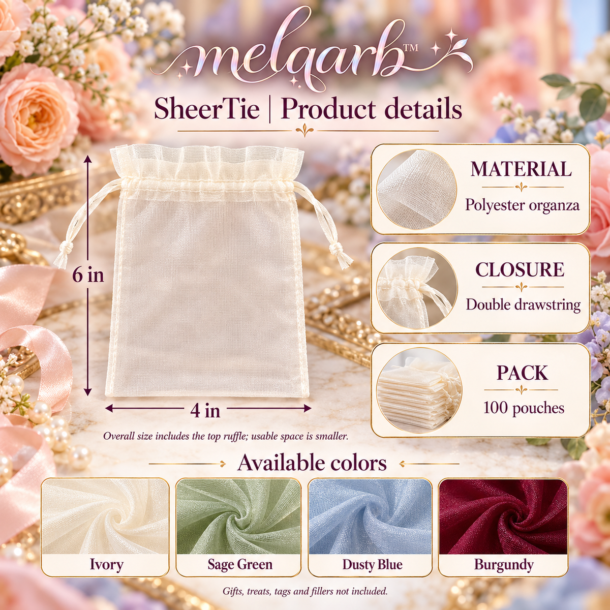 melqarb™ SheerTie Organza Wedding Favor Bags, 100-Pack, 4 x 6 in., Drawstring Gift Pouches for Receptions & Bridal Showers