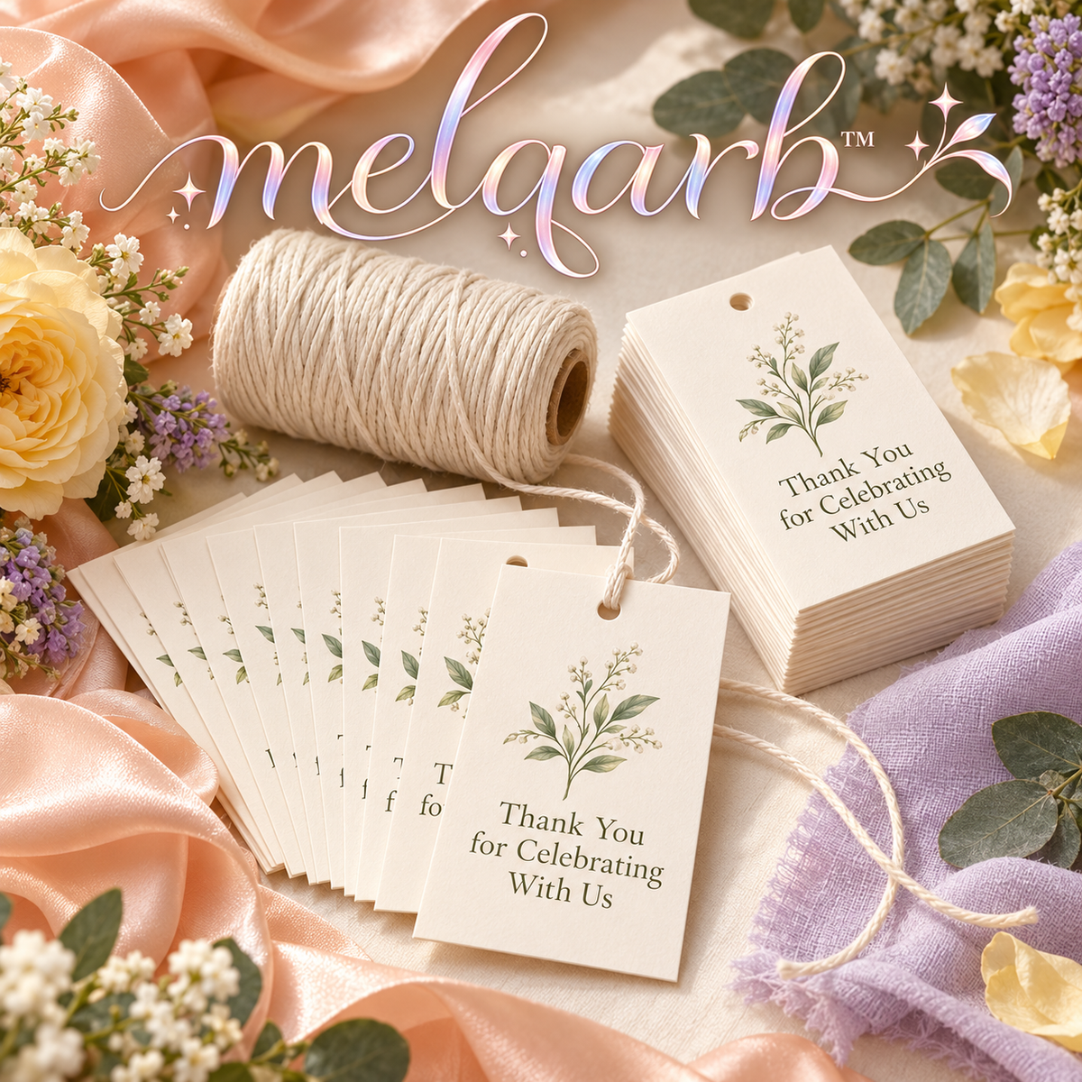 melqarb™ Botanical Thanks Wedding Favor Tags, 100-Pack, 2 x 3 in., Printed Thank-You Gift Tags with Cotton String