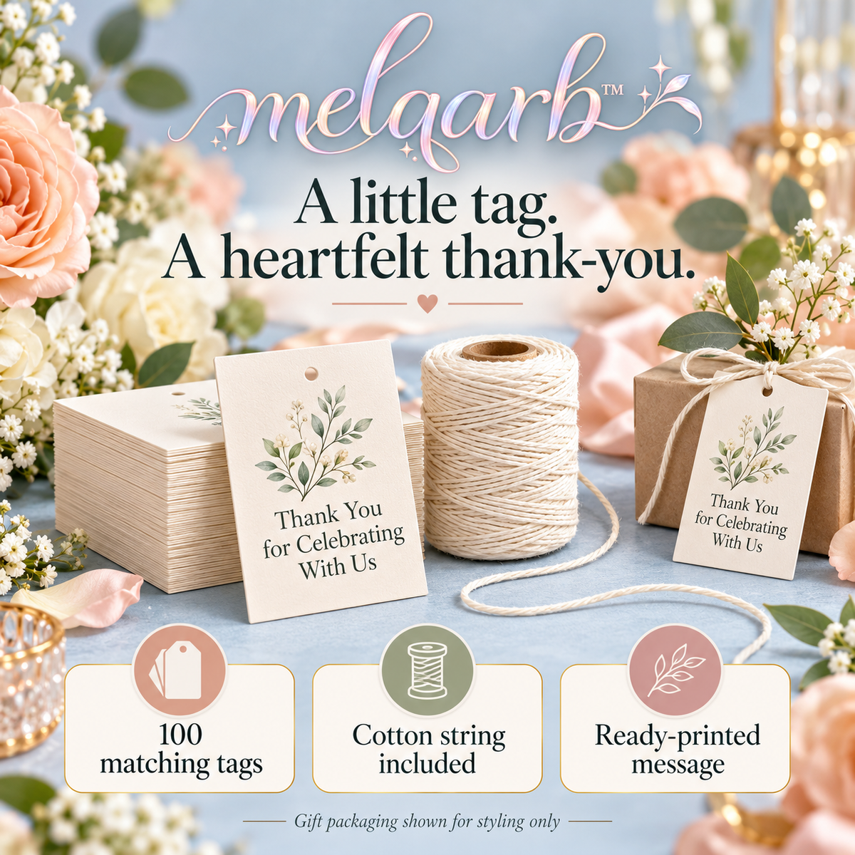 melqarb™ Botanical Thanks Wedding Favor Tags, 100-Pack, 2 x 3 in., Printed Thank-You Gift Tags with Cotton String