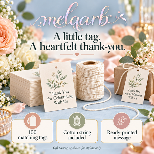 melqarb™ Botanical Thanks Wedding Favor Tags, 100-Pack, 2 x 3 in., Printed Thank-You Gift Tags with Cotton String