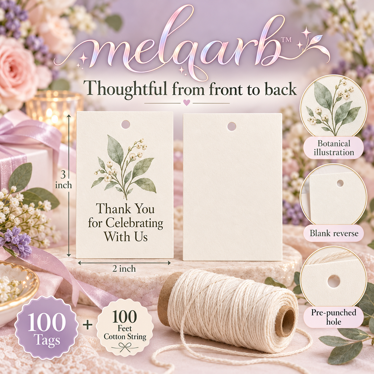 melqarb™ Botanical Thanks Wedding Favor Tags, 100-Pack, 2 x 3 in., Printed Thank-You Gift Tags with Cotton String