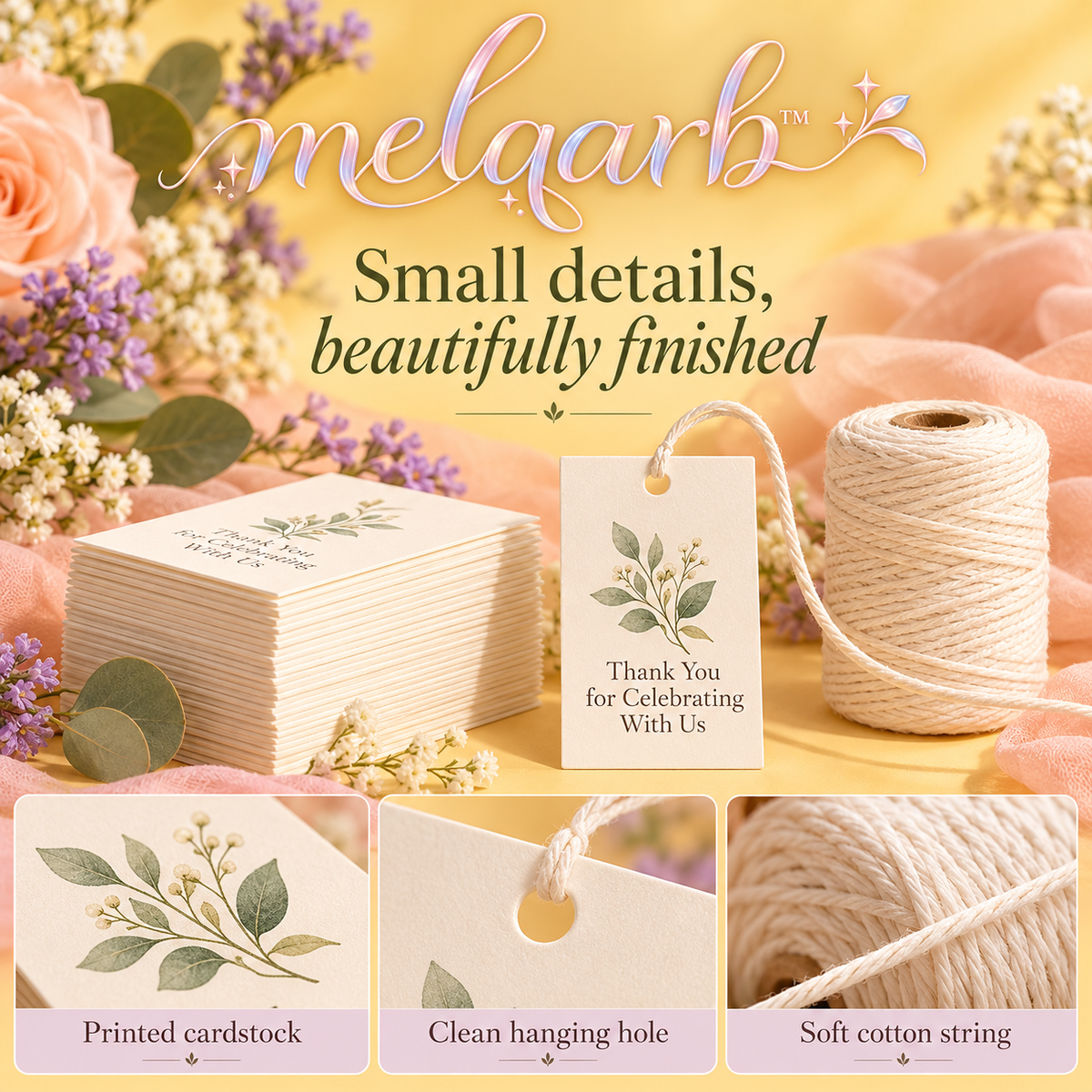 melqarb™ Botanical Thanks Wedding Favor Tags, 100-Pack, 2 x 3 in., Printed Thank-You Gift Tags with Cotton String