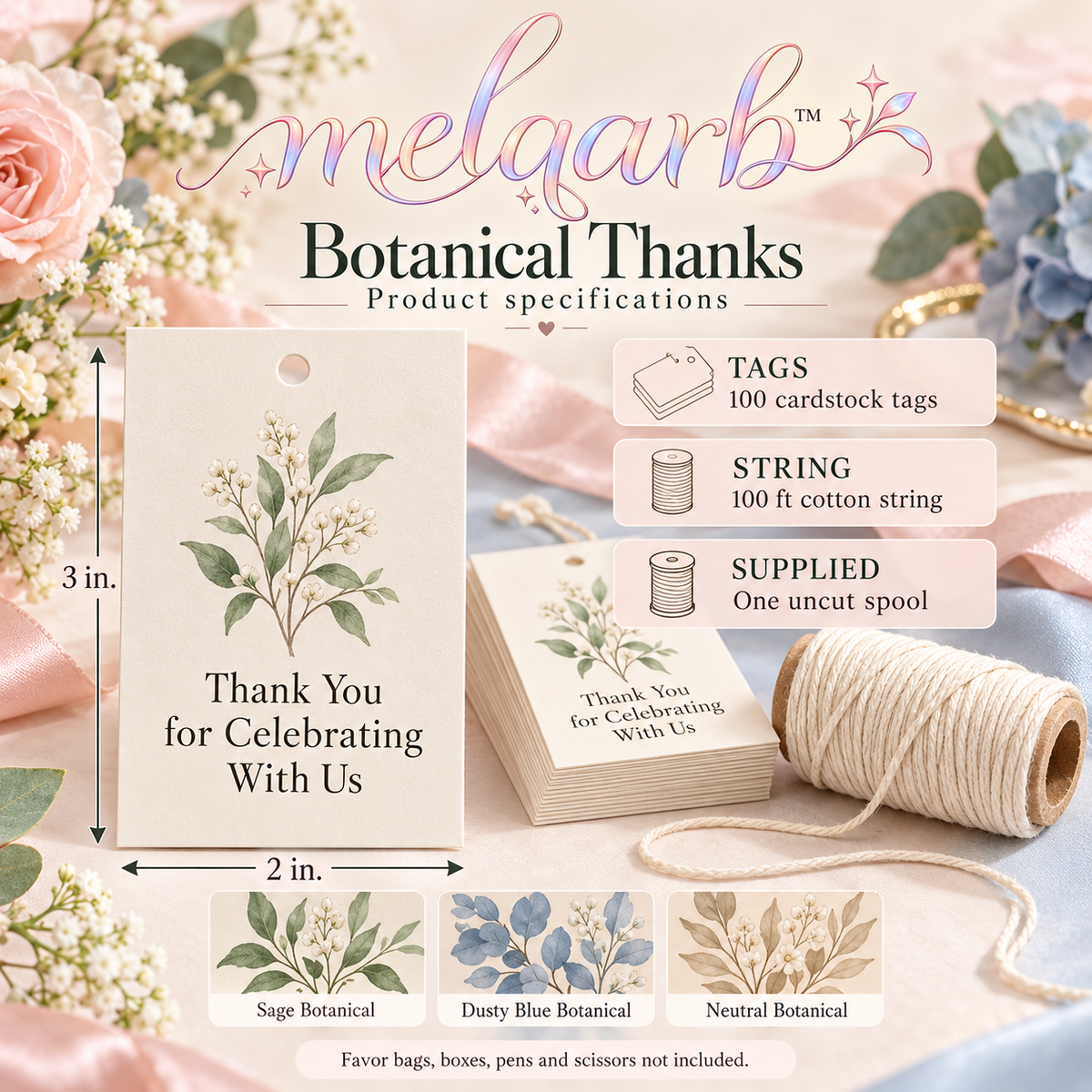 melqarb™ Botanical Thanks Wedding Favor Tags, 100-Pack, 2 x 3 in., Printed Thank-You Gift Tags with Cotton String