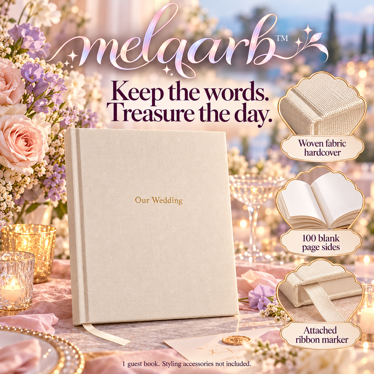 melqarb™ WovenStory Wedding Guest Book, 8 x 10 in., Fabric Hardcover, 100 Blank Pages for Reception Messages & Photo Memories