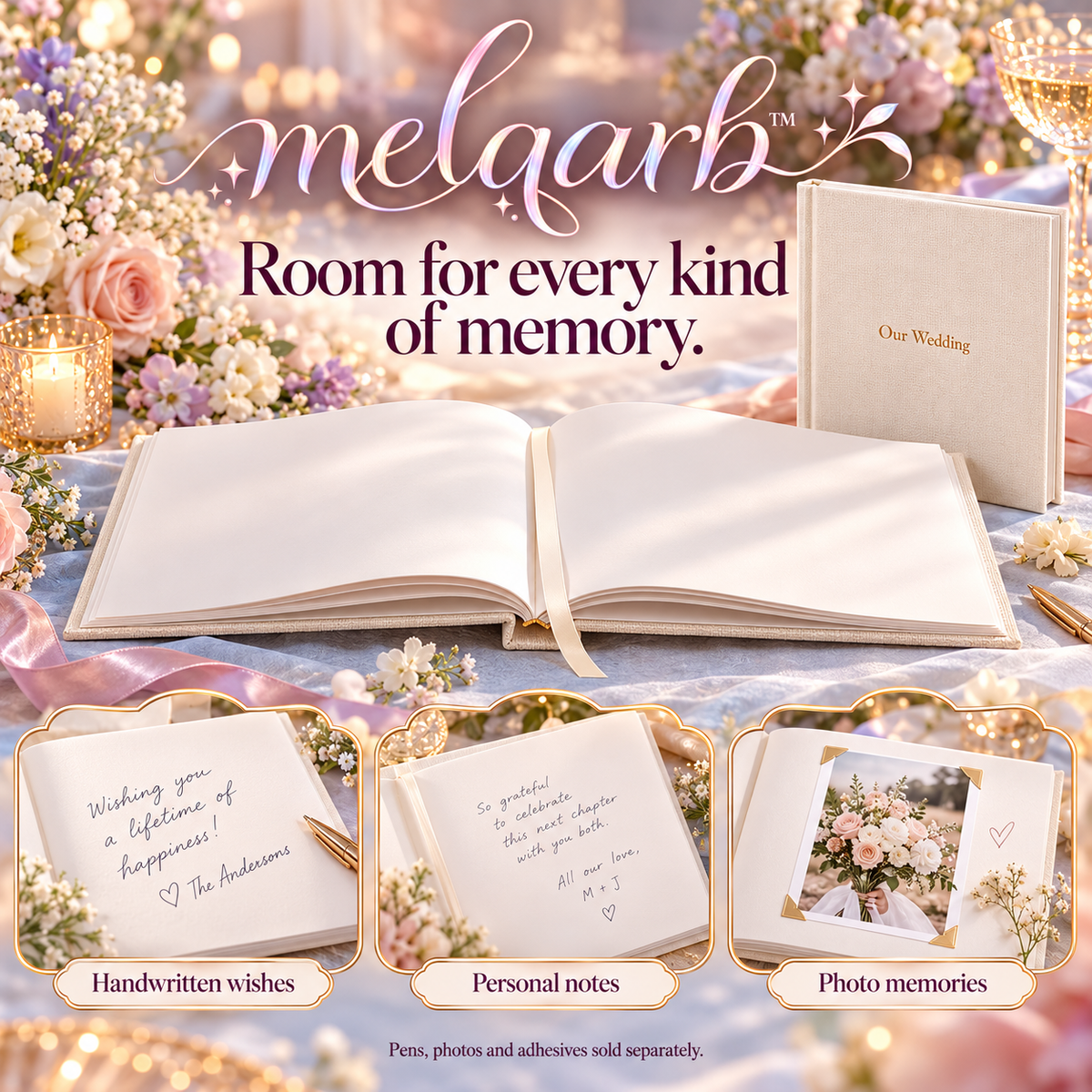 melqarb™ WovenStory Wedding Guest Book, 8 x 10 in., Fabric Hardcover, 100 Blank Pages for Reception Messages & Photo Memories